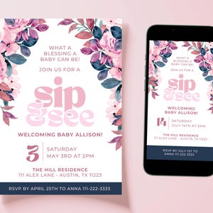 Editable Sip and See Floral Invitation, Digital Meet and Greet Baby Shower Invite, Instant Download, Edit in Canva, Print, Email and Text