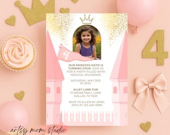 Editable Princess Castle 4th Birthday Invitation | Pink Royal Birthday Party Invite Template, Girl Fairytale Theme, Digital Download Canva