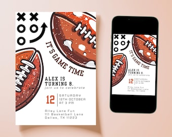 May include: Football-themed birthday party invitation. The design features a football illustration with the text "It's Game Time" and "Alex is turning 8." Includes date, time, and location details. The invitation is displayed on a white background and a smartphone.