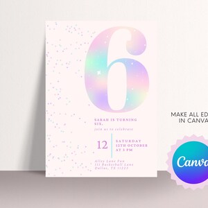 Editable Pink Glitter 6th Birthday Invitation | Sixth Birthday Girl | Rainbow Party Invite | Digital Download | Canva Template | 5x7 image 4