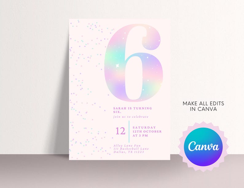 Editable Pink Glitter 6th Birthday Invitation | Sixth Birthday Girl | Rainbow Party Invite | Digital Download | Canva Template | 5x7 image 4