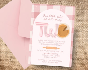 Editable Cutie Pie 2nd Birthday Invitation | Pink Pie Theme Toddler Birthday Party Invite, 5x7 Digital Download Canva