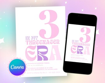 Invitación de cumpleaños para niña de tres años: Plantilla editable de Canva (descarga digital)