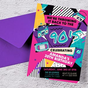 90s Party Birthday Invitation: Retro Throwback, Editable Canva Template (5x7) (Digital Evite)
