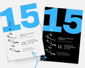 Redigerbar födelsedagsinbjudan för tonårspojke | Mall för 15-årsfest | Digital nedladdning av femtonde födelsedag | Canva-mall 5x7