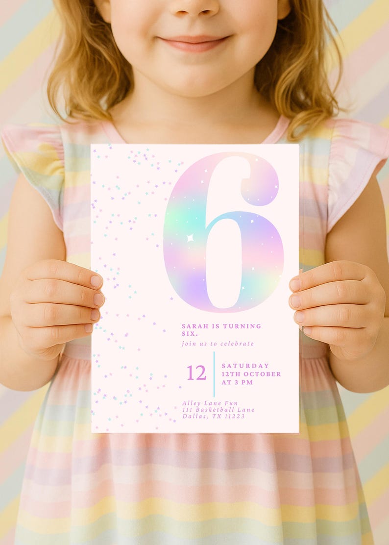 Editable Pink Glitter 6th Birthday Invitation | Sixth Birthday Girl | Rainbow Party Invite | Digital Download | Canva Template | 5x7 image 9