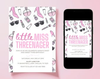 May include: A rectangular invitation card and a smartphone displaying the same design, featuring a white background with a repeating pattern of pink high heels, perfume bottles, sunglasses, and makeup. The text reads Little Miss Threenager, Join us as we celebrate Sarah's sassy and sweet third birthday, Saturday, May 3rd at 2pm, Alley Lane Fun, 111 Basketball Lane, Dallas, TX 11223, RSVP to Ellen at 123-456-7890.