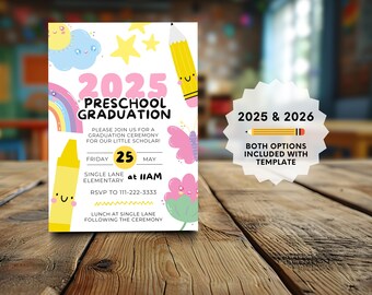 Invitación editable para graduación de preescolar / Clase de 2025 / Clase de 2026 / Descarga digital / Plantilla de Canva / 5x7 / Texto Correo electrónico Imprimir