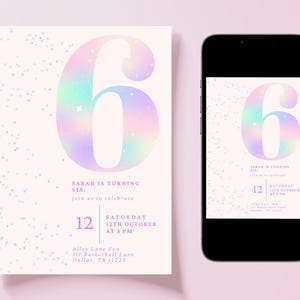 Editable Pink Glitter 6th Birthday Invitation | Sixth Birthday Girl | Rainbow Party Invite | Digital Download | Canva Template | 5x7 image 5