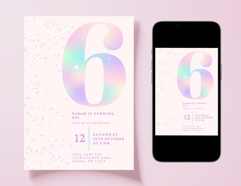 Editable Pink Glitter 6th Birthday Invitation | Sixth Birthday Girl | Rainbow Party Invite | Digital Download | Canva Template | 5x7 image 5