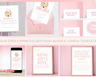 Castle 4th Birthday Invitation Editable Bundle | Four Ever Little Princess Birthday Party Set | Pink Birthday Digital Templates | Canva