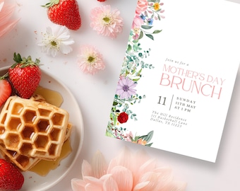 Editable Mother’s Day Brunch Invitation, Floral Mother’s Day Digital Invite, Instant Download, Mobile Printable Evite, Canva Template