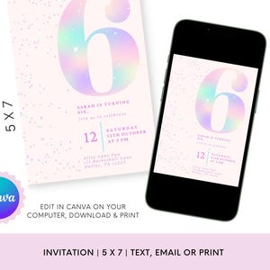 Editable Pink Glitter 6th Birthday Invitation | Sixth Birthday Girl | Rainbow Party Invite | Digital Download | Canva Template | 5x7 image 3