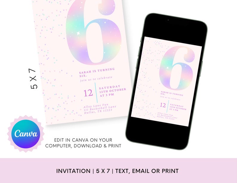 Editable Pink Glitter 6th Birthday Invitation | Sixth Birthday Girl | Rainbow Party Invite | Digital Download | Canva Template | 5x7 image 3