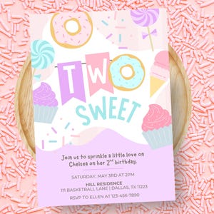 Editable Two Sweet Birthday Invitation, 2nd Birthday Girl Invite, Second Birthday Donut Theme, Two Sweet Digital Invite, Instant Download