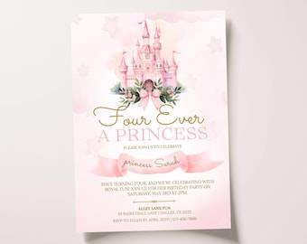 Invitación editable para el cuarto cumpleaños de "Cuatro para siempre una princesa", invitación floral para el cuarto cumpleaños de princesa, castillo mágico real, descarga digital, Canva
