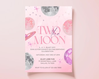 Two the Moon Birthday Invitation | Pastel Space Theme | Editable 2nd Birthday Girl Invite | Digital Download | Canva Template | 5x7