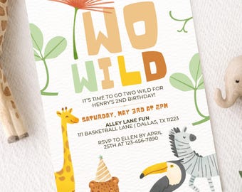 Editable Two Wild 2nd Birthday Invitation | Safari Jungle Second Birthday Party Animals Invite | Canva Template Evite 5x7