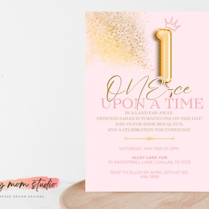 PRINCESS 1st Birthday Party Invitation, Editable ONE-ce Upon a Time First Birthday Invite, Girl First Birthday Editable Canva Invitation