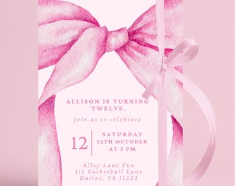 Pink Coquette Party Invite Template | Editable Pink Bow Birthday Invitation | Girl Birthday Celebration | Digital Download | Canva