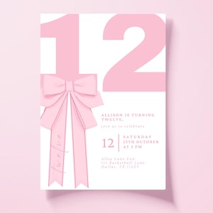 Coquette Pink 12th Birthday Invitation Girl Pink Bow Mobile 12th Birthday Invite, Fancy Birthday Invite, Twelfth Sleepover, Instant Download