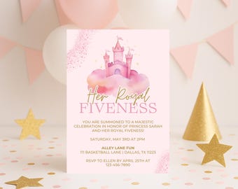 Princess 5th Birthday Invitation | Her Royal Fiveness Party Invite, Editable Canva Template, Girl Princess Birthday, 5x7 Digital Download