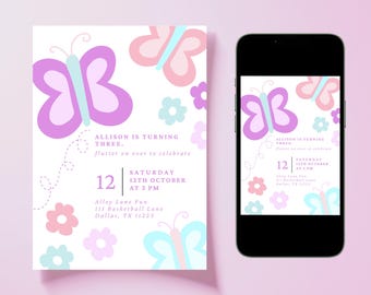 Editable Butterfly Birthday Invitation | Pastel Birthday Party Invite Template, Girl Birthday Celebration, Digital Download Canva | 5x7