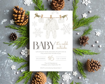 Editable Baby Its Cold Outside Baby Shower Invitation | Winter Baby Shower Invite | Snowflakes Invitation Template | Digital | Edit in Canva