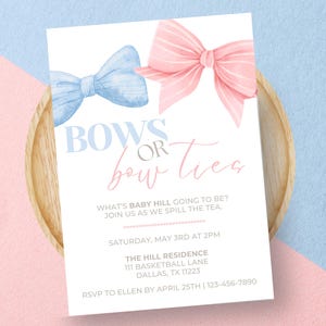 Editable Bow Gender Reveal Invitation Template, He or She Pink and Blue Invite, What Will Baby Be Boy or Girl, Printable Invite, Canva