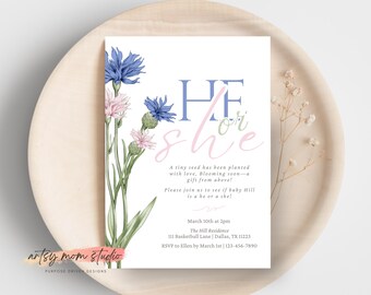 Floral Gender Reveal Invitation | He or She Baby Shower Invite | Editable Gender Reveal Evite | Digital Download Canva Template 5x7