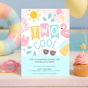 Convite editável para festa de aniversário de 2 anos na piscina, festa de aniversário com tema de água na piscina para meninas, festa de aniversário tropical de verão para o segundo aniversário, download instantâneo