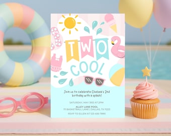 Editable Two Cool 2nd Birthday Pool Party Invitation, Splish Splash Girl Birthday, Tropical Summer Second Birthday Party, Instant Download