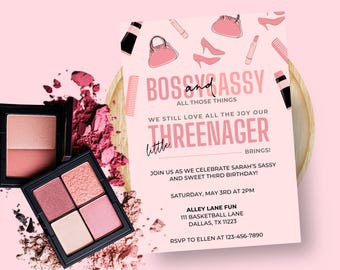 Invitación de cumpleaños de Little Miss Threenager Makeup / Tercer cumpleaños de niña / Tercer cumpleaños de maquillaje / Descarga digital 5x7 / Plantilla Canva