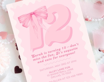 Coquette Pink Bow 12th Birthday Invitation | Girl Twelfth Birthday Dinner | Pink Twelve Invite | Editable Canva Template | Digital Download