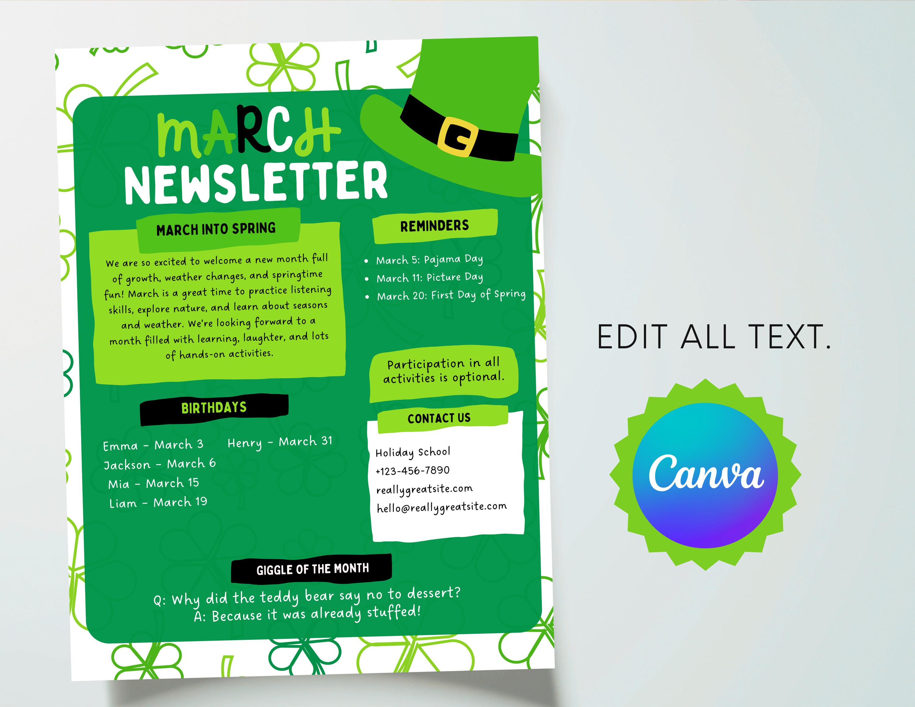 March Classroom Newsletter Template | Teacher Newsletter | St Patrick's ...