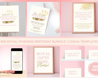 Paquete de invitaciones de cumpleaños de Royal Fiveness: Fiesta de princesa rosa (Editable en Canva)