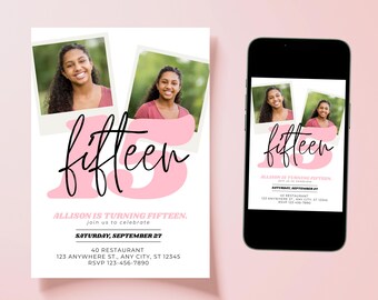 Editable 15th Birthday Invitation | Pink Photo Invite for Teen Girl | Fifteenth Birthday Party | Canva Template | 5x7 Digital Download