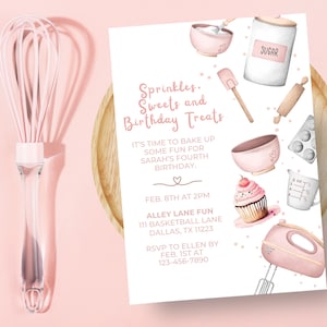 Backen Geburtstagseinladung Vorlage | Rosa Kochen Party einladen | Cupcake Dekorieren Digitale Vorlage | Bearbeitbare Leinwand | Sofort Download