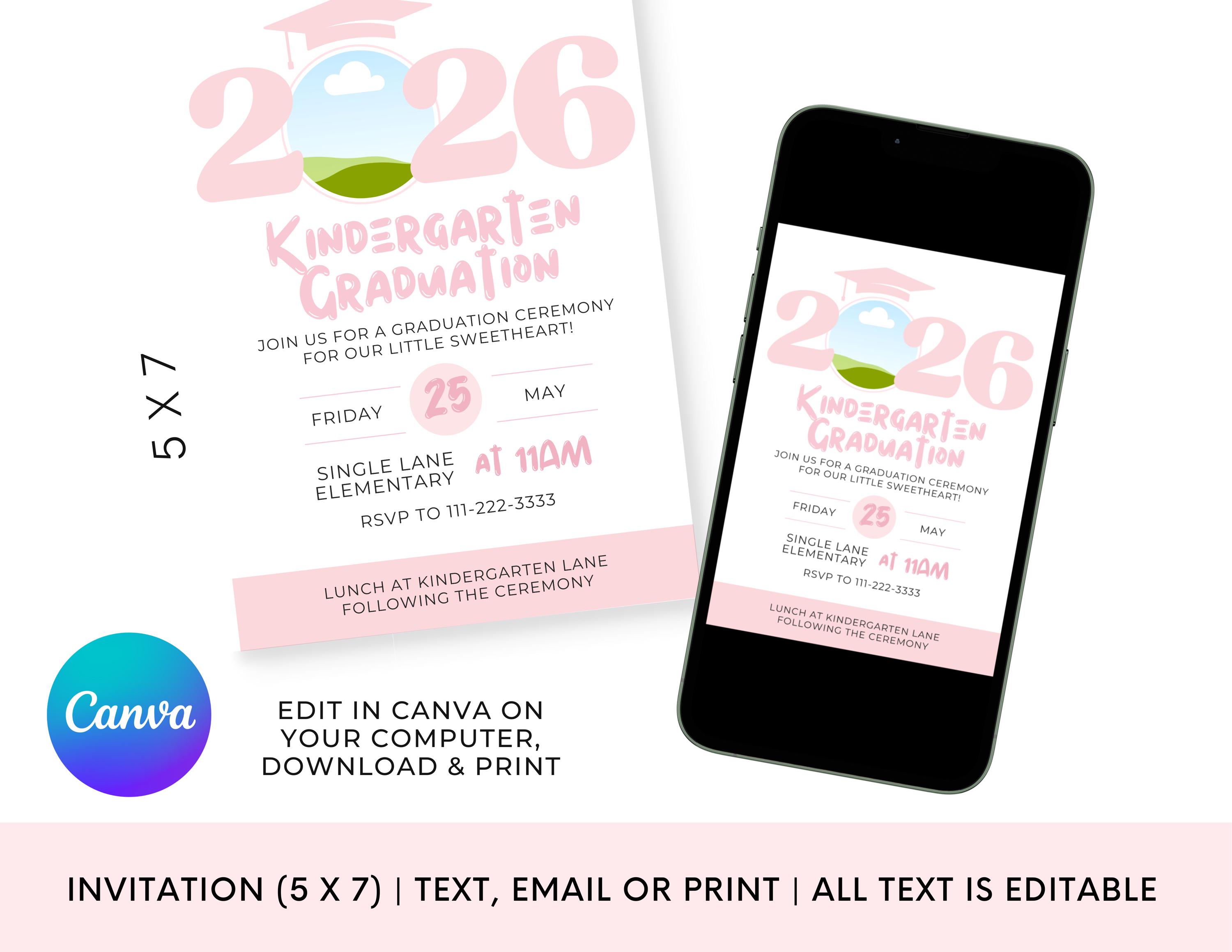 Kinder Invit Pink Kindergarten Graduation Invitation | Kinder or Pre-k Grad Invite ...