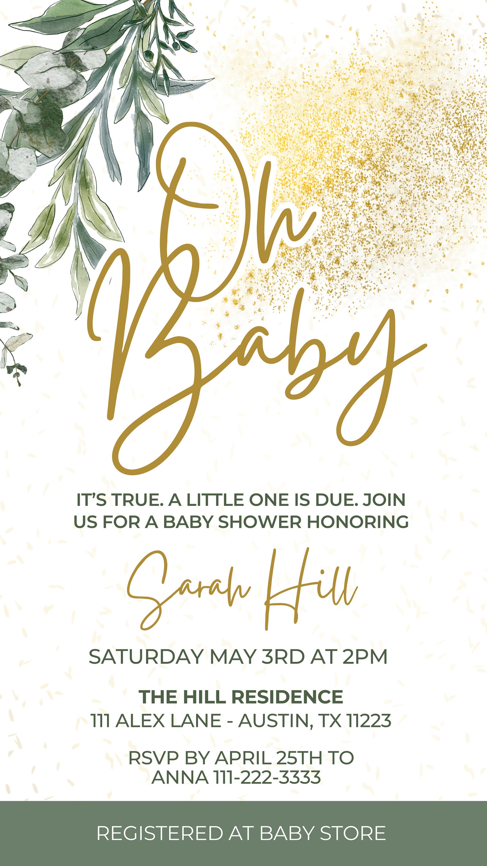 Greenery Oh Baby Shower Invitation Template Printable Baby Shower ...