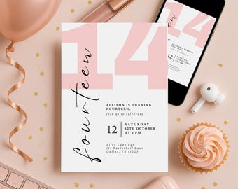 14th Birthday Invitation | Feminine Pink Girl Party, Fourteenth Birthday Teen Girl | Editable Canva Template (Digital Invite)