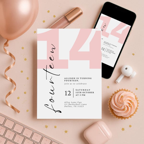 14th Birthday Invitation | Feminine Pink Girl Party, Fourteenth Birthday Teen Girl | Editable Canva Template (Digital Invite)