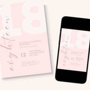 18th Birthday Invitation Editable, Eighteen Birthday Invite, Pink Girl Birthday Party Digital Invite | Instant Download | Canva Template
