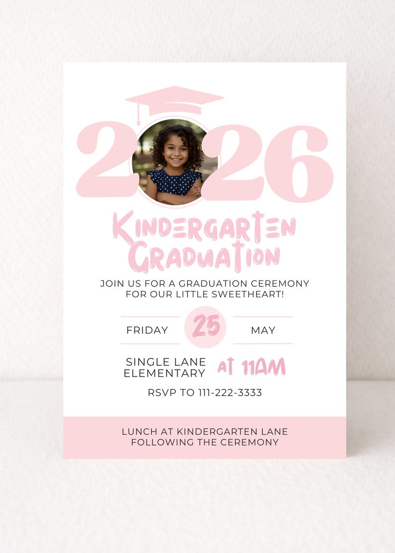 Kinder Invit Pink Kindergarten Graduation Invitation | Kinder or Pre-k Grad Invite ...