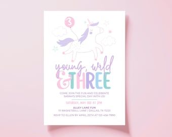 Young Wild & Three Unicorn Birthday Invitation, Editable Unicorn 3rd B'day Invite, Pastel Rainbow Unicorn Magical Party, Digital Download