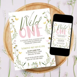 She’s a Wild One Wildflower Birthday Invitation, Wild One Birthday Girl Invite, Floral Invite, Editable Instant Download, Canva Template