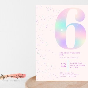 Editable Pink Glitter 6th Birthday Invitation | Sixth Birthday Girl | Rainbow Party Invite | Digital Download | Canva Template | 5x7 image 2