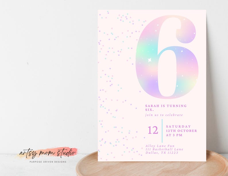 Editable Pink Glitter 6th Birthday Invitation | Sixth Birthday Girl | Rainbow Party Invite | Digital Download | Canva Template | 5x7 image 2