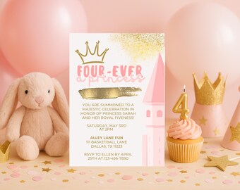 Castle 4th Birthday Invitation | Fourth Princess Girl | Pink Princess Party (Canva Editable, Digital)