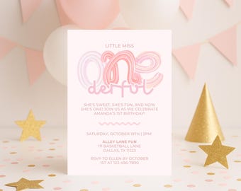 Invitación de "La Señorita Onederful": Primer cumpleaños de niña rosa, plantilla editable de Canva (5x7, descarga digital)